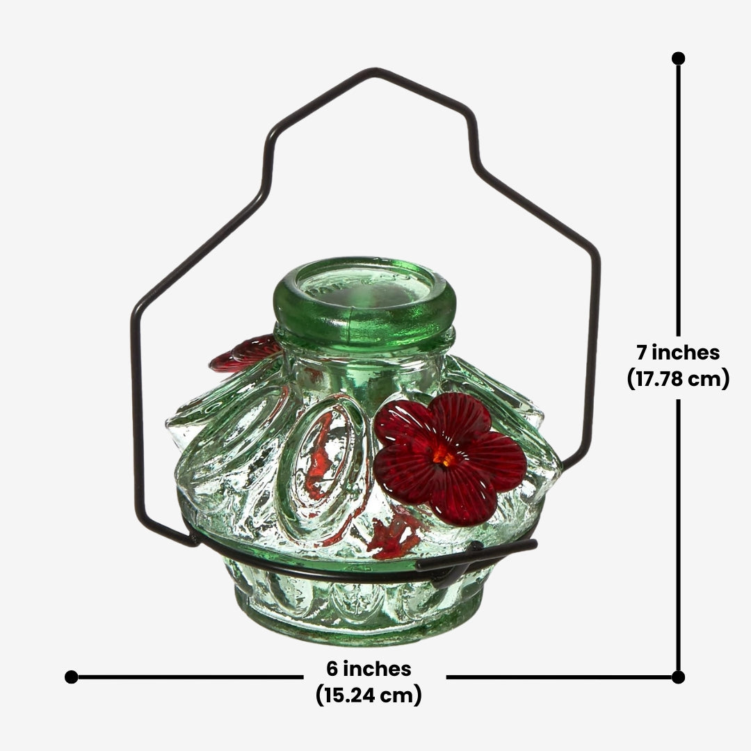 Moon & Stars Hummingbird Feeder with Pot de Creme glass design in green, featuring intricate patterns, two perches, and a 6oz recycled glass reservoir