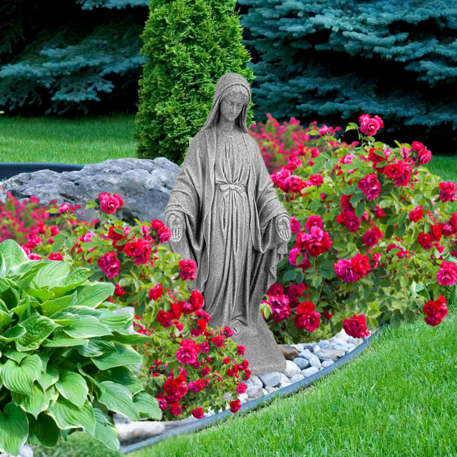 Mother Mary Garden Statue with a fillable base for added stability, showing the removable rubber plug at the bottom for filling with sand or gravel.