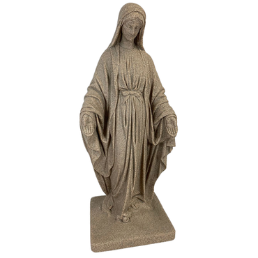 A beautiful and detailed garden statue of Mother Mary, standing in serene grace with open hands, symbolizing faith and devotion. Crafted from weather-resistant resin with a granite-colored finish, the statue features a serpent and apple symbol at the base.