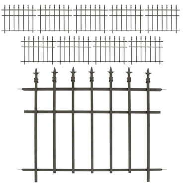 Several sections of finial-topped garden fence laid out together, showcasing the simple design for easy assembly and installation.