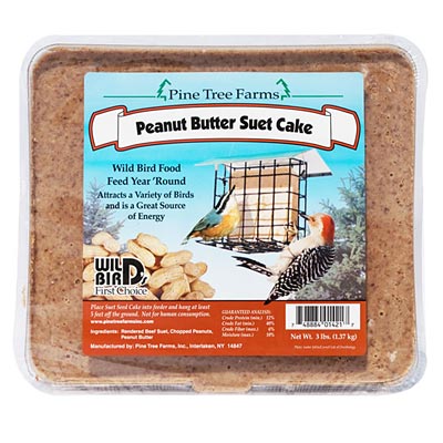 A Nutty Delight Suet Cake in a plastic container, weighing 3 pounds, offers a peanut butter feast for local birds.