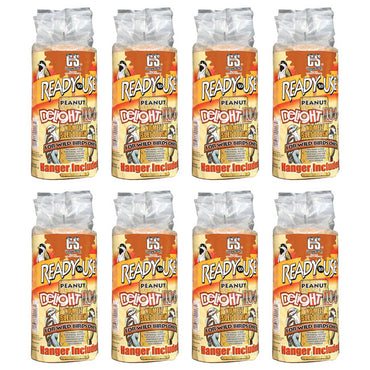 Eight cylindrical packages of "Ready to Use Peanut Delight Suet" are arranged in two rows. Packaging is orange and tan, featuring bird imagery.