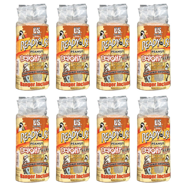 Eight cylindrical packages of "Ready to Use Peanut Delight Suet" are arranged in two rows. Packaging is orange and tan, featuring bird imagery.