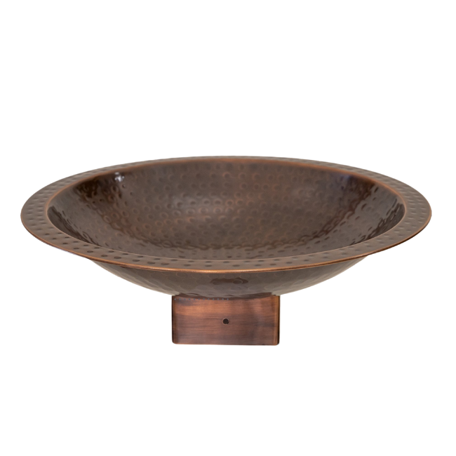 View of the Perch & Ponder Copper Birdbath with a beautiful hammered copper bowl, perfect for a garden or patio.