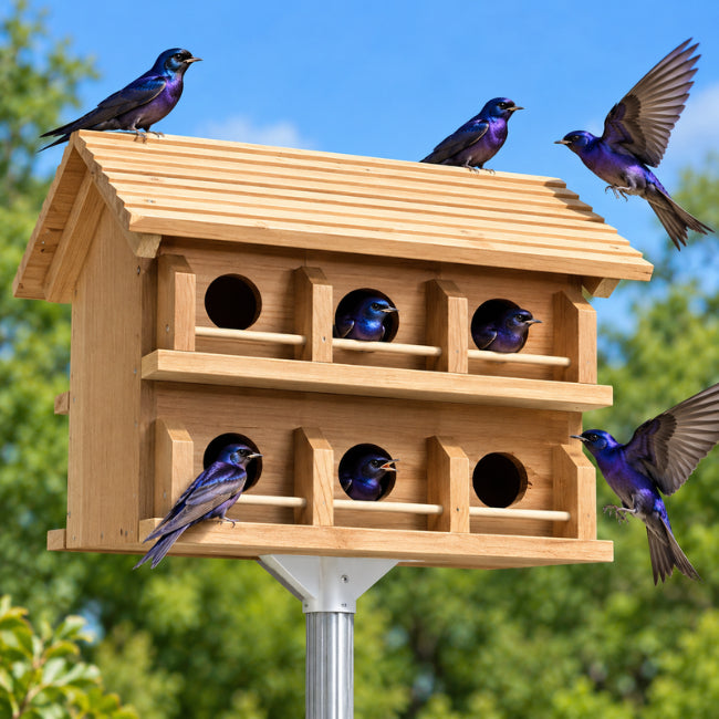 cedar purple martin house with 8 purple martins flying around