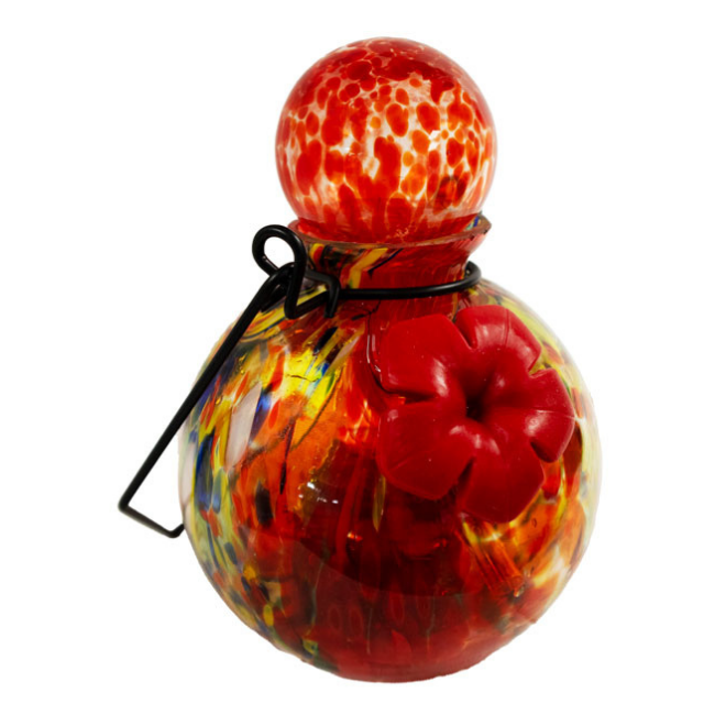 A vibrant hand-blown glass feeder with red floral feeding ports, a sturdy hanging wire, and a unique orb stopper.