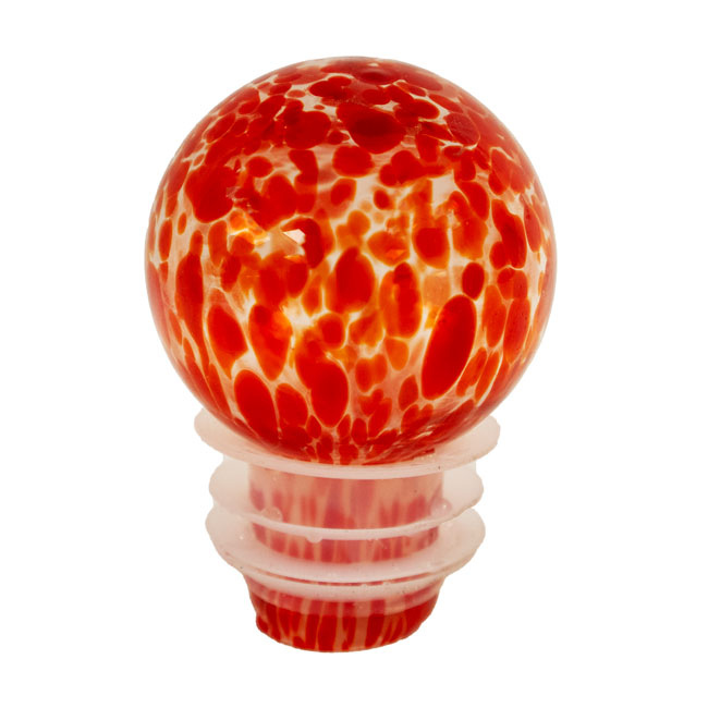 A close-up of the vibrant red and orange glass stopper, designed to keep nectar fresh and deter insects.