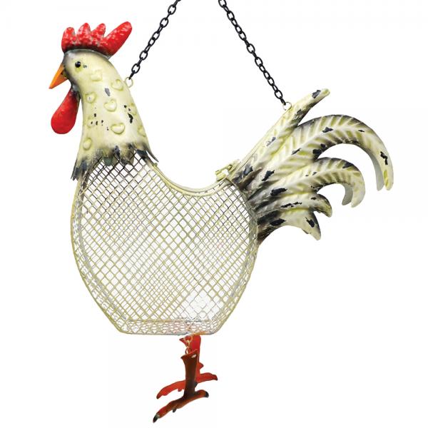 Decorative rooster-shaped mesh basket with a chain on a white background