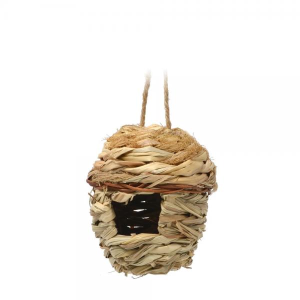 Woven birdhouse made of natural materials on a white background