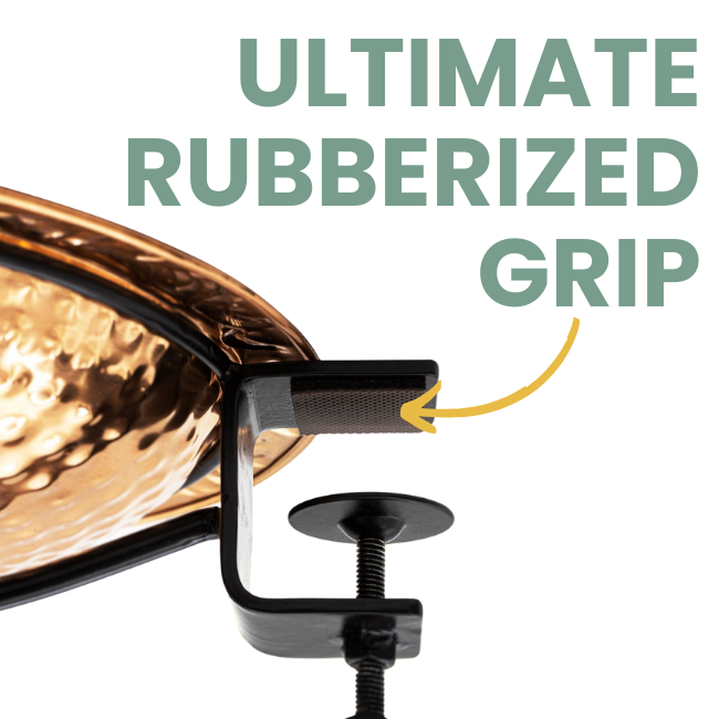 A close-up of the birdbath’s black metal clamp featuring a rubberized anti-slip pad for added grip on deck railings.