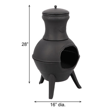 Black metal chiminea with a bulbous body, three legs, and a chimney top. It measures 28 inches tall and 16 inches in diameter, conveying rustic charm.