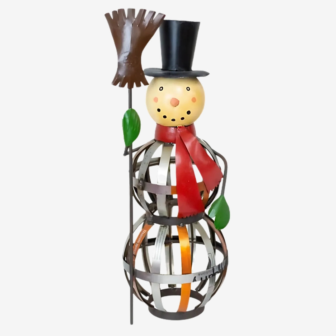 Recycled Metal Snowman Door Greeter, adding a sustainable and cheerful touch to your holiday entryway