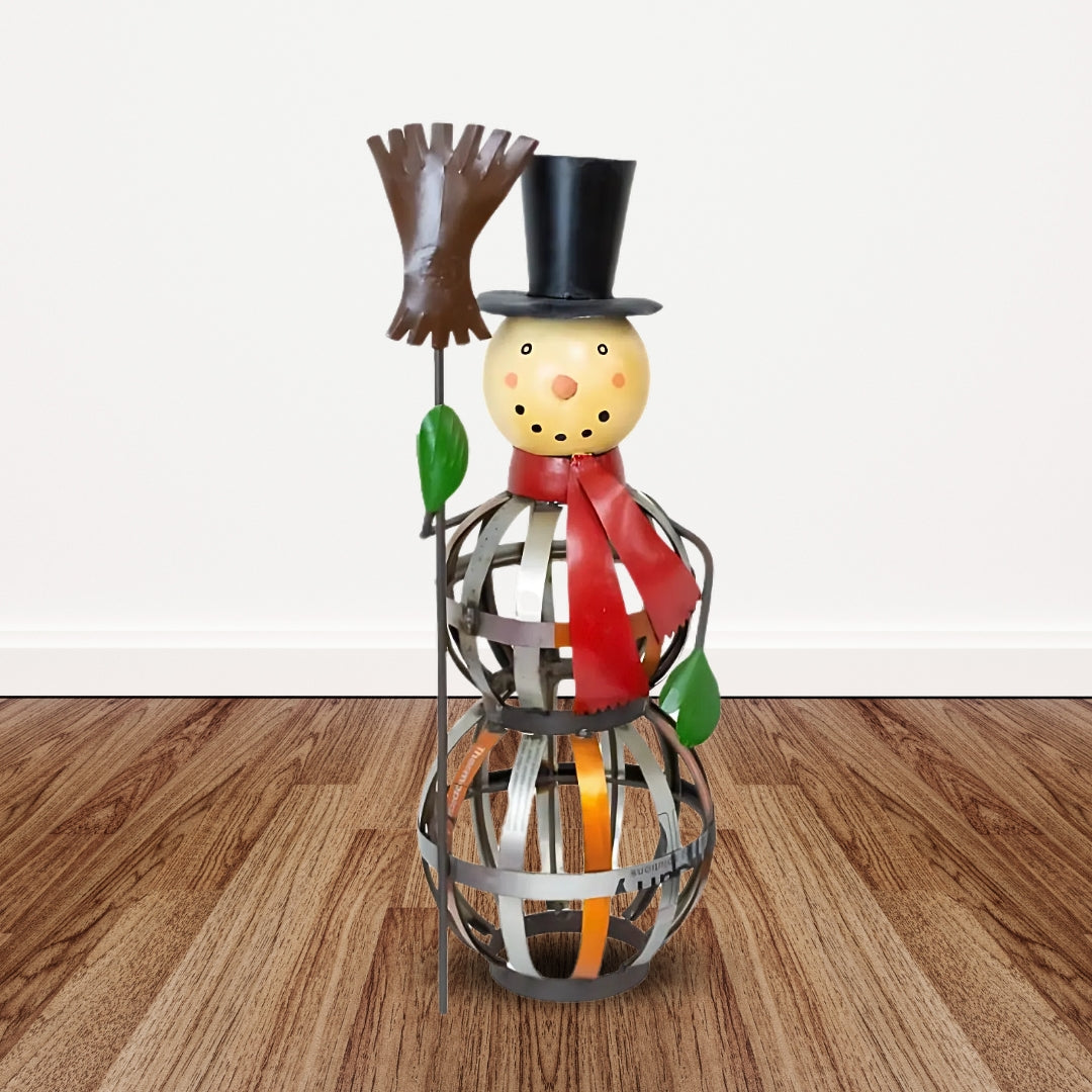 Recycled Metal Snowman Door Greeter, adding a sustainable and cheerful touch to your holiday entryway