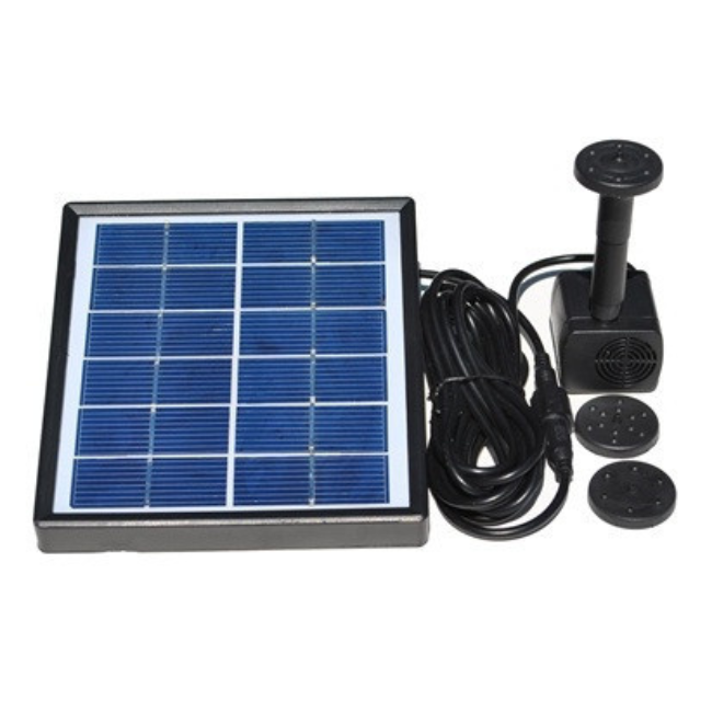A solar panel with a black frame, connected to a water pump with a long cable and multiple nozzle attachments.