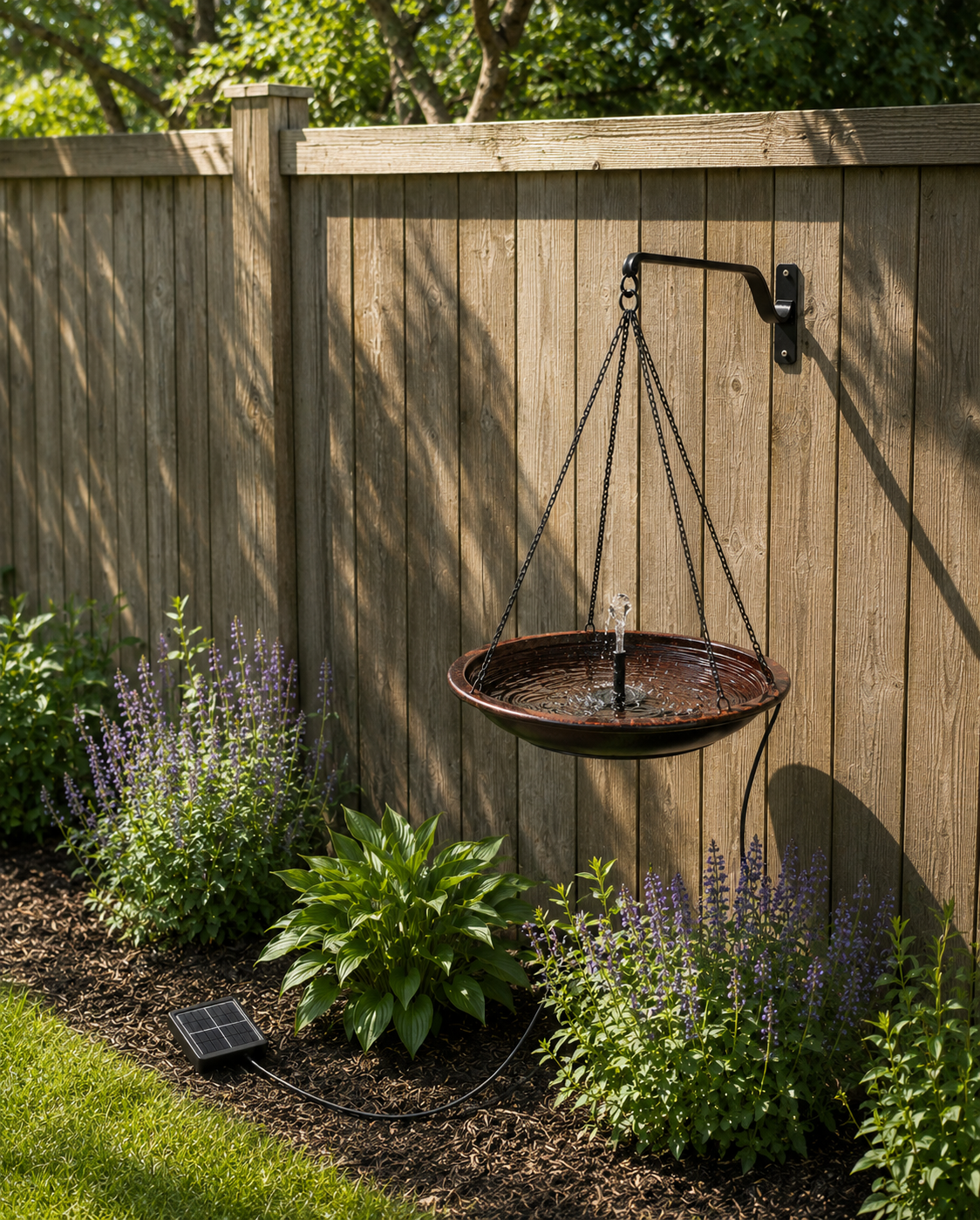 Rustic metal bird bath hanging on a wooden fence with plants and grass below