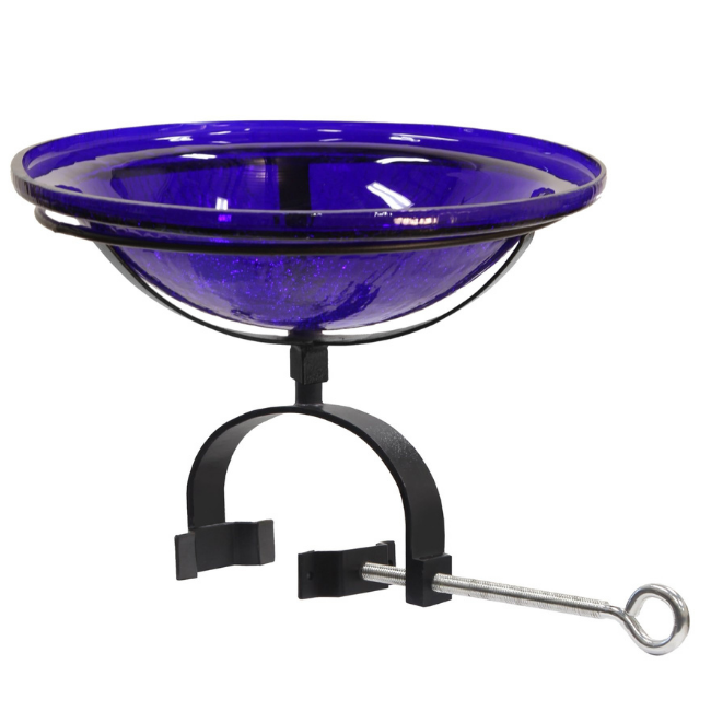 A Solar Deck Mount Glass Birdbath featuring a crackle glass bowl and water fountain, perfect for birdwatching on porches and balconies.