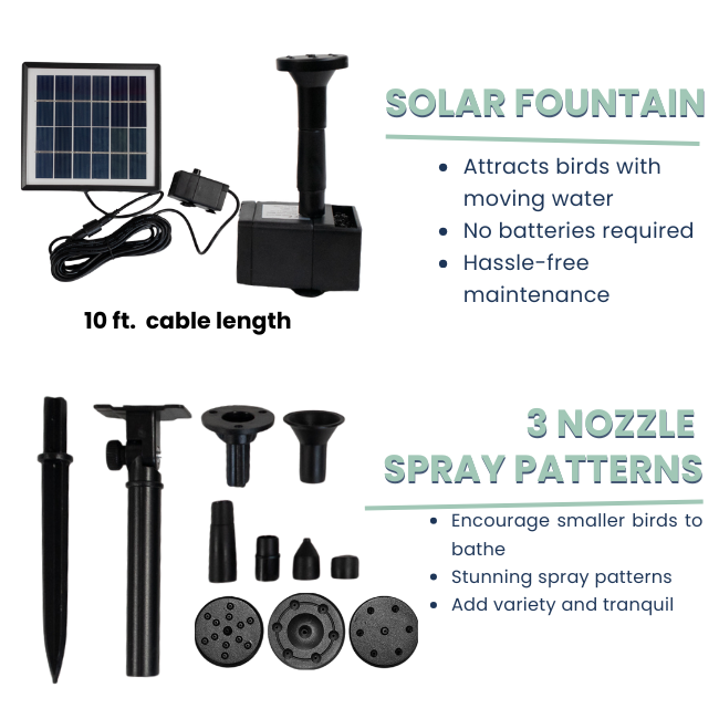 Solar Fountain Kit with a 10ft cable, featuring three nozzle spray patterns to attract birds with moving water. No batteries required, this eco-friendly fountain operates on solar power, adding beauty to your birdbath or garden