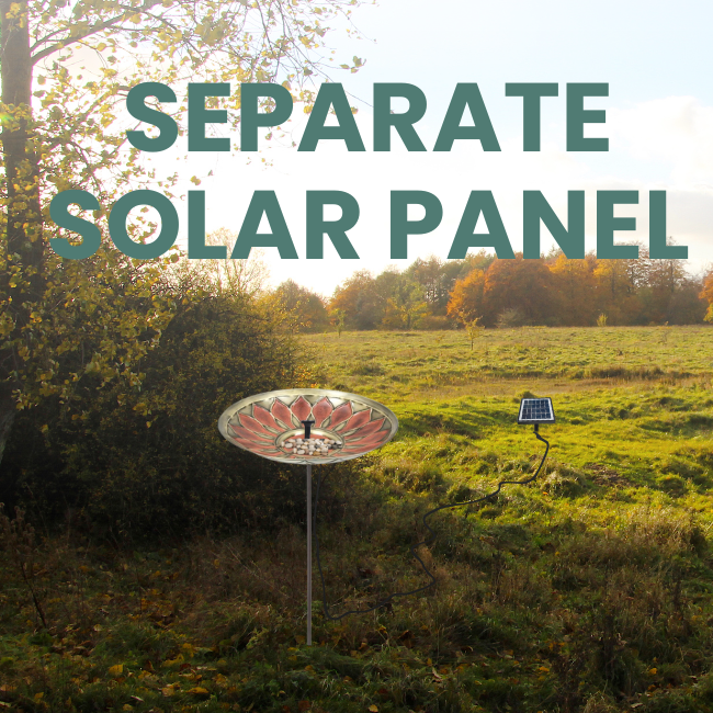 Solar Fountain Kit featuring a separate solar panel, ideal for placing in direct sunlight while positioning the birdbath in shaded areas. This solar-powered pump keeps the water moving in your birdbath for a tranquil, natural atmosphere