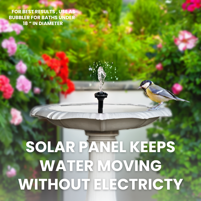 Solar-powered birdbath fountain creating stunning water spray effects. Ideal for attracting birds, the solar fountain provides adjustable water flow and operates without electricity, adding beauty and serenity to your garden.