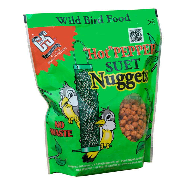 Bag of spicy suet nuggets for wild birds, labeled “Hot Pepper Blend.” The packaging shows a mix of red, nugget-sized pieces and a bird enjoying a feeder. Designed to attract birds while keeping squirrels away with a hot pepper kick—perfect for backyard feeding.