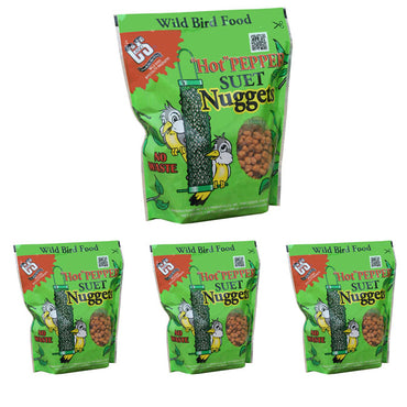 Green packaging of "Hot Pepper Suet Nuggets" wild bird food, featuring cartoon birds near a feeder, and "No Waste" text. Four bags are shown.