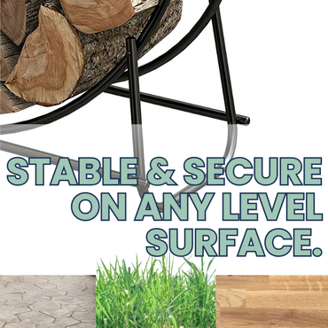 A close-up of the base of the firewood rack, with text highlighting its stability on various surfaces, including stone, grass, and wood.