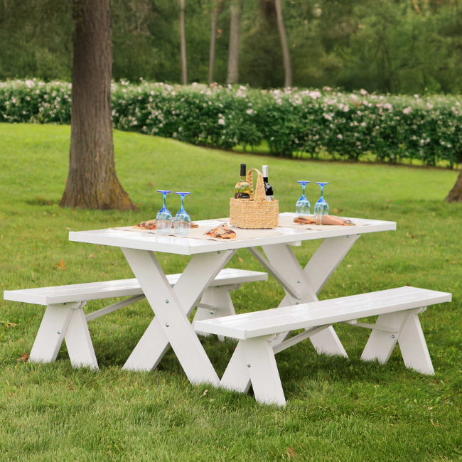 SunnySide Picnic Table Set in outdoor setting, perfect for family dining with its comfortable and spacious design