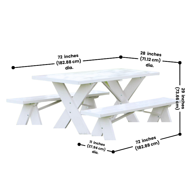 SunnySide Picnic Table dimensions – 72 inches long, 28 inches wide, and 29 inches high