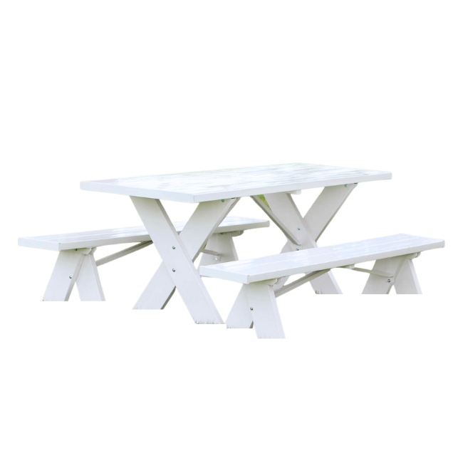 SunnySide Picnic Table Set in a green backyard, offering durable seating and a smooth, splinter-free surface