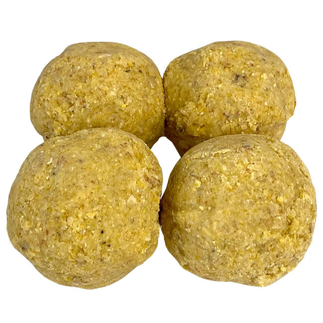 Four yellowish-brown boules on a white background