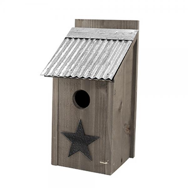 Wooden birdhouse with a star design on a white background