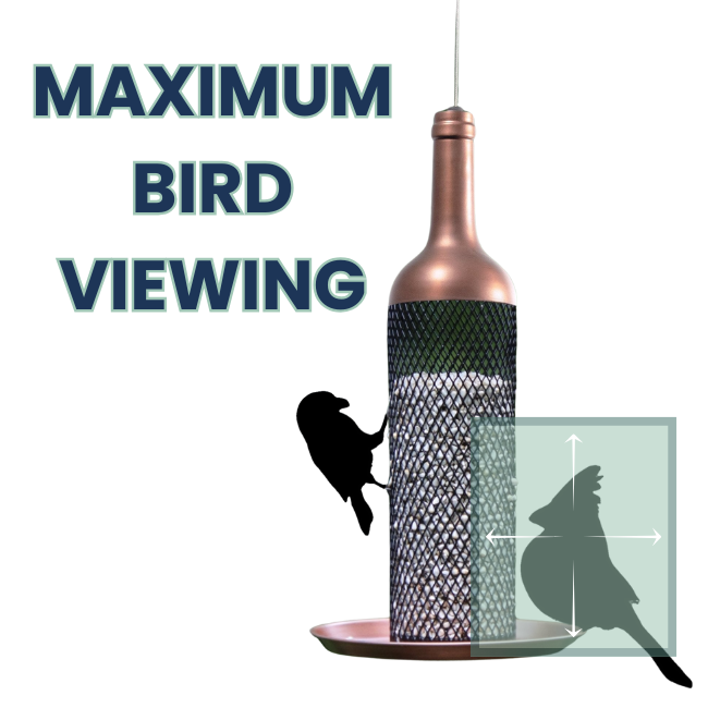A copper-finished bird feeder with a mesh tube and perch, designed for maximum bird viewing, showing a bird silhouette for size reference.