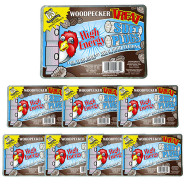 Packaging of Woodpecker High Energy Suet Plugs, featuring a cartoon woodpecker. The label highlights bird-feeding use. Multiple packs shown.