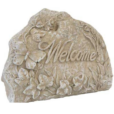Hand-cast concrete "Welcome" stone with butterfly, ladybug, and leaves in a garden setting.