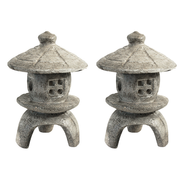 A set of two small round pagoda statues with a pre-aged gray finish, adding tranquility and elegance to a garden or outdoor space.
