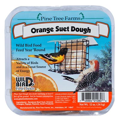Single suet dough cake labeled "Orange Suet Dough" in a clear plastic container. The label features an oriole and a woodpecker enjoying suet in a hanging feeder, with juicy orange slices in the background. A zesty treat designed to energize backyard birds with a hint of tropical flair.