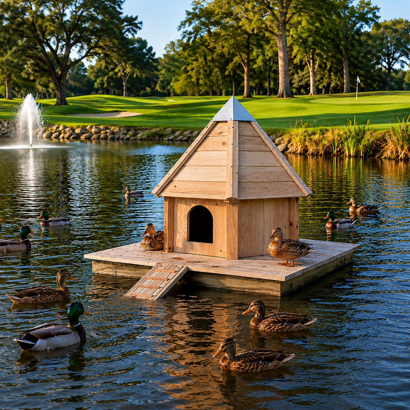 Aqua Duck Floating Duck House on a pond, wooden shelter with peaked roof, arched doorway, and ramp, with mallard ducks nearby on a golf course