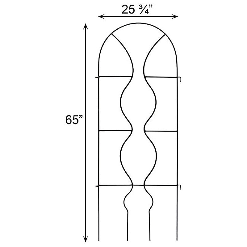 Dimension diagram of a black wrought iron arch garden trellis, 65 inches tall and 25.75 inches wide