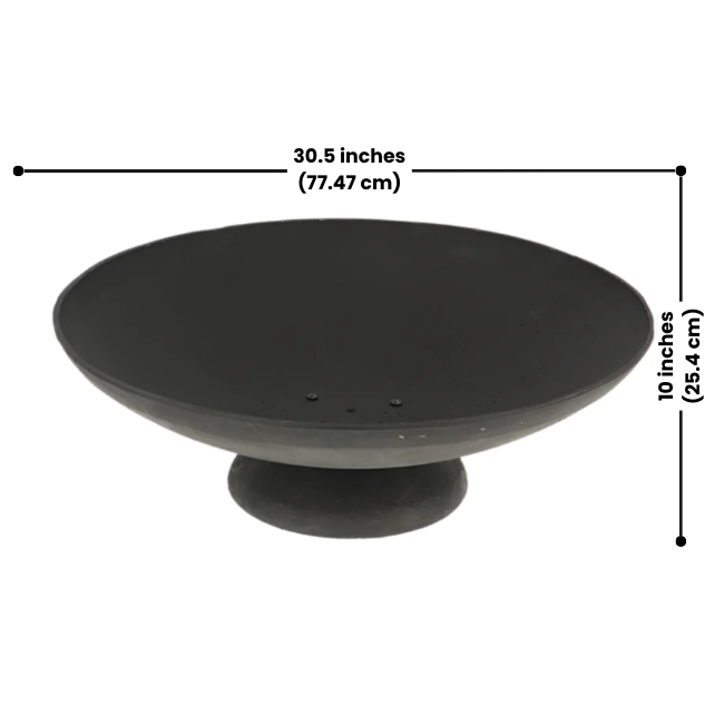 Cast iron fire pit with 30.5-inch diameter and 10-inch height, ideal for extended warmth.