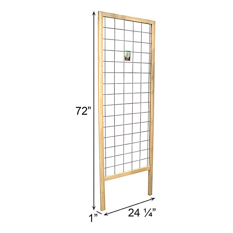 Cedar and steel wire grid garden trellis on white, labeled 72 inches tall, 24.25 inches wide, 1 inch deep