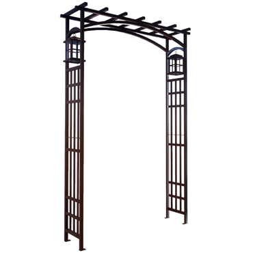 The Garden Entry Arbor with a bold, stylish design, featuring steel side panels with a Mission-style aesthetic and elegant steel-and-glass lanterns. This arbor makes a dramatic statement, perfect for framing walkways or garden entrances.
