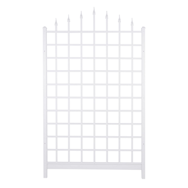 The Grand Trellis features a white vinyl frame with seven pointed finials and a sturdy grid, providing support for climbing plants. This trellis is perfect for adding elegance and a dynamic plant display to your garden wall