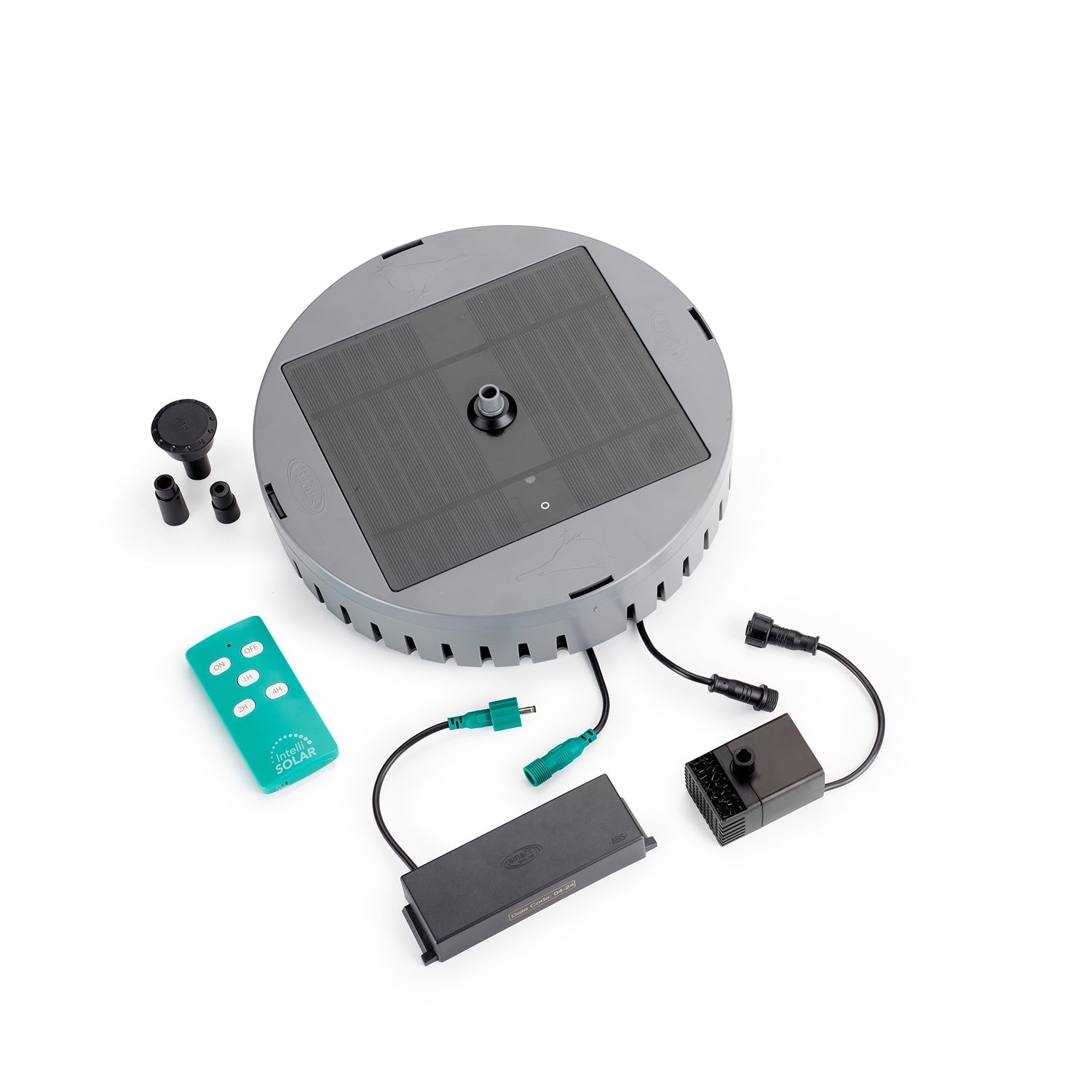 Solar fountain insert components, including pump, remote control, and nozzle attachments, laid out on a white background.
