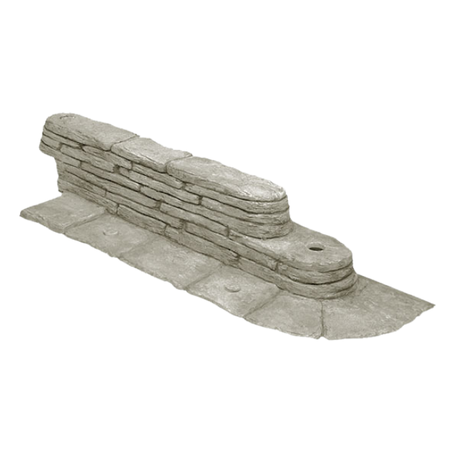 Close-up view of the interlocking stacked stone garden border section, showcasing its realistic stone texture in gray tones.