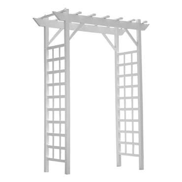 The Vinyl Lattice Arbor in a lush garden, with vibrant climbing flowers winding through the lattice. This durable and maintenance-free arbor adds timeless beauty to your garden space while supporting dynamic plant growth