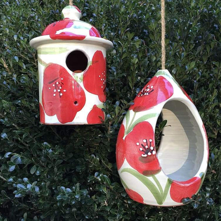 Ceramic Birdhouse and Bird feeder Gift Set- Red