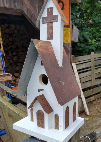 Church birdhouse-barnwood and tin