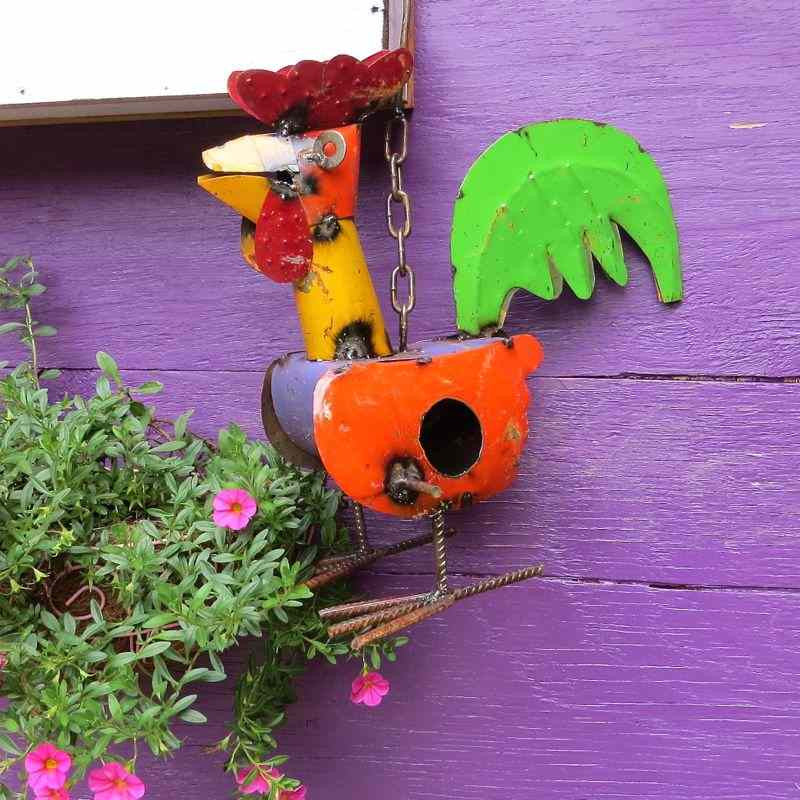Colorful Recycled Metal Rooster Birdhouse