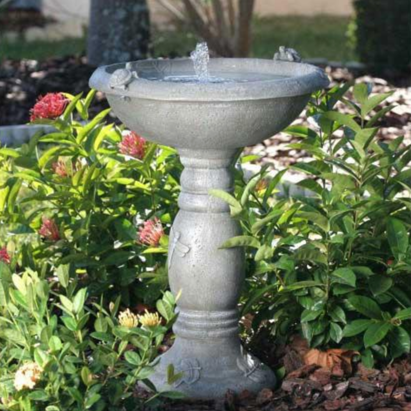 Country Gardens Solar Fountain Bird Bath with garden background