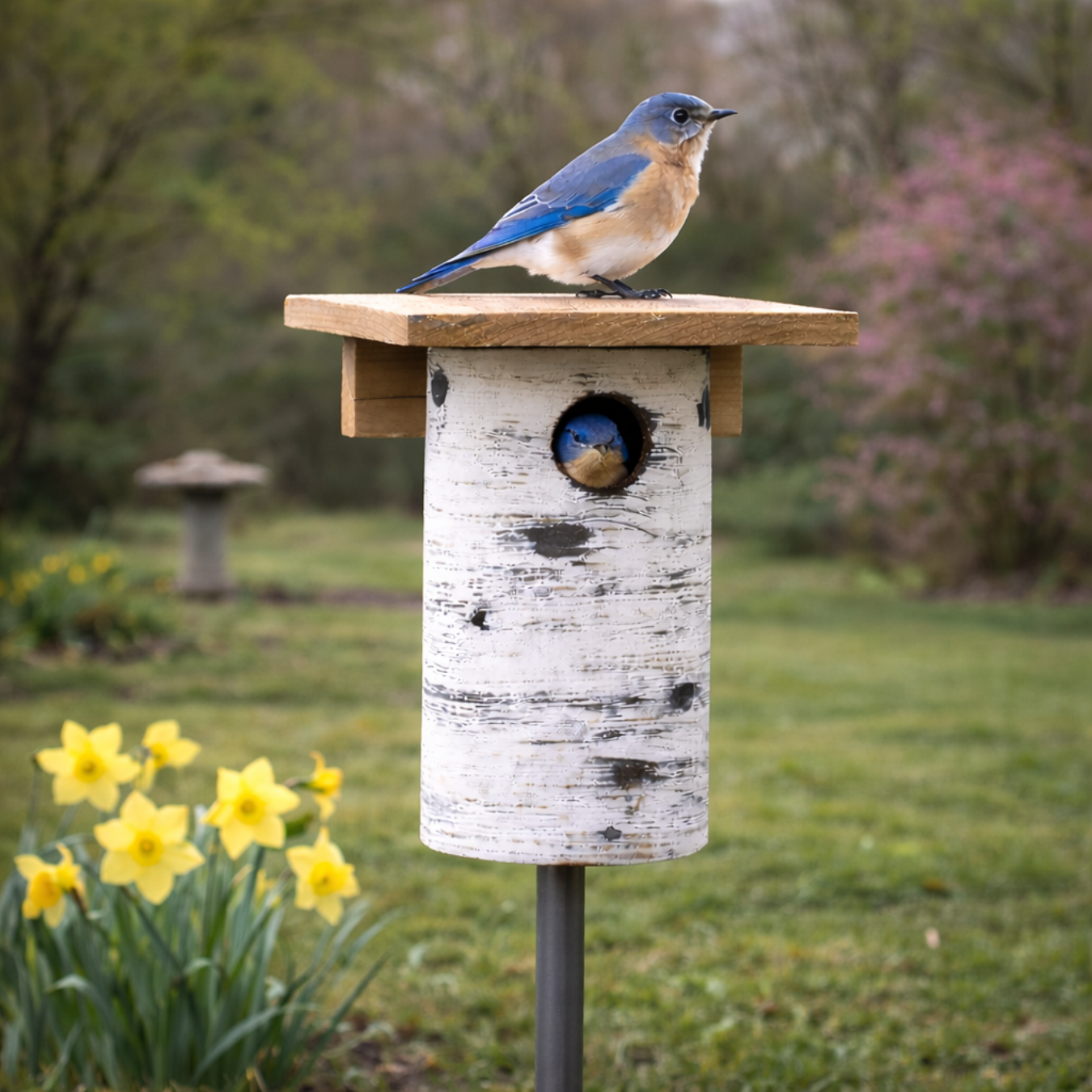 Gilbertson Bluebird house, black and white circular body with cedar roof.  Bluebird perched on roof and one poking head out of hole entry and daffodils in the spring background